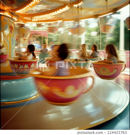 A group of children ride on a merry go round 124425763