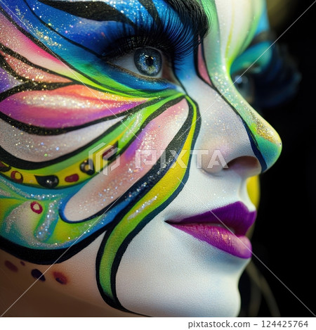 A woman with a colorful face paint and a purple lipstick 124425764