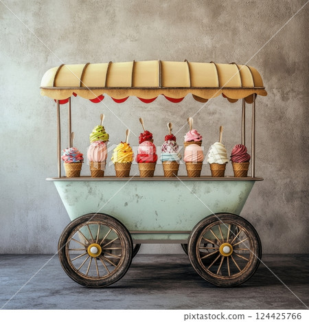 A cart full of ice cream cones with a yellow umbrella 124425766