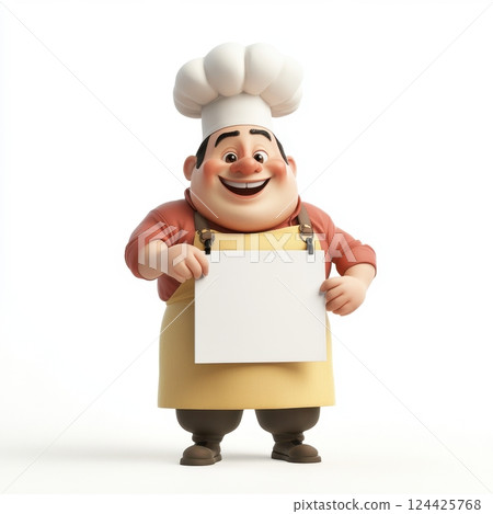 A cartoon chef is holding a blank piece of paper 124425768