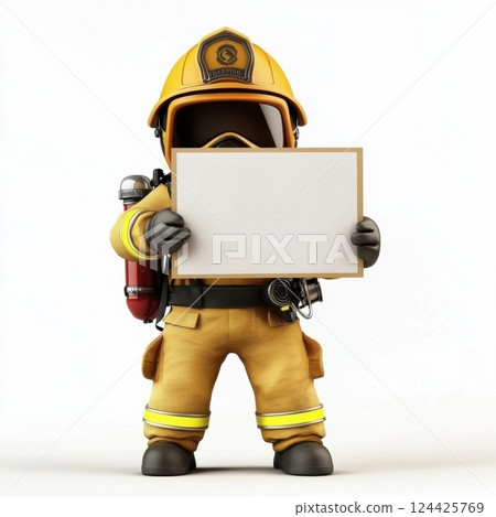 A firefighter holding a white sign 124425769