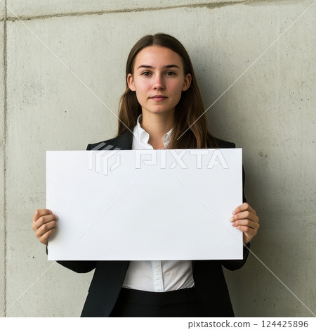 A woman is holding a white sign in front of a wall A woman is holding a white sign in front of a wall 124425896