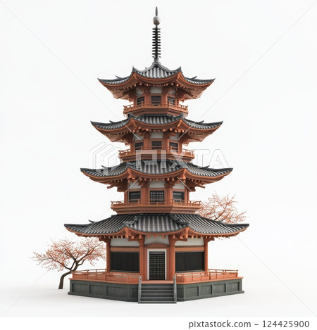 A tall, multi-story building with a red roof and a white background A tall, multi-story building with a red roof and a white background 124425900