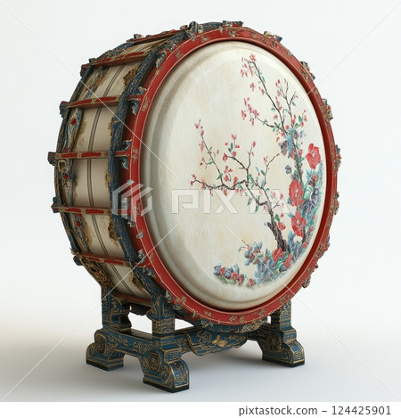 A large drum with a tree and flowers painted on it A large drum with a tree and flowers painted on it 124425901