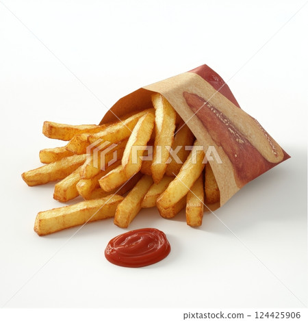 A bag of french fries with a ketchup bottle next to it 124425906