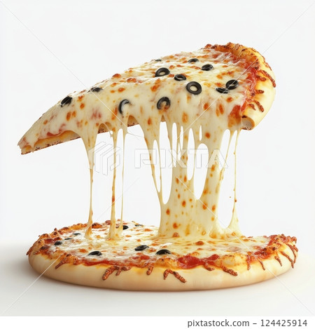 A slice of pizza with melted cheese and olives A slice of pizza with melted cheese and olives 124425914