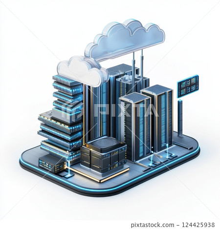 A cityscape with a large cloud in the sky and a sign that says "cloud computing" 124425938
