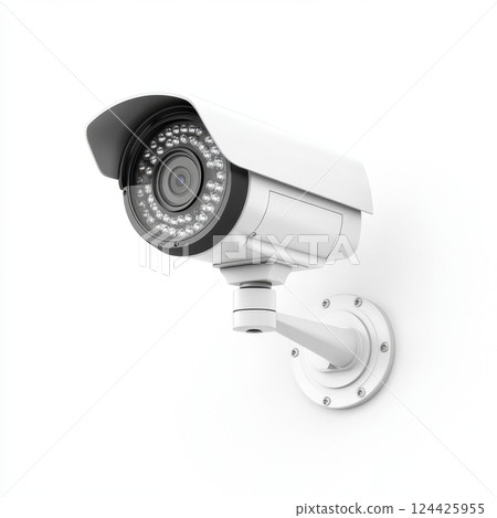 A white security camera with a black lens 124425955