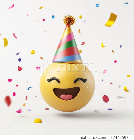 A yellow emoji with a party hat on its head and a smiley face A yellow emoji with a party hat on its head and a smiley face 124425973