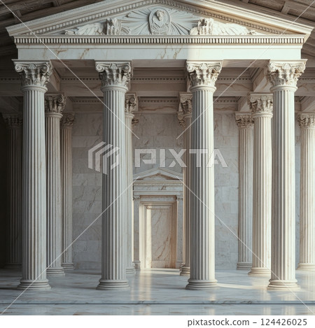 The image is of a large, empty building with white pillars and a marble facade The image is of a large, empty building with white pillars and a marble facade 124426025