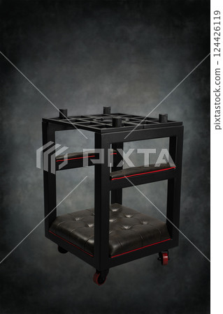 Black leather and metal bdsm furniture piece designed for specific activities Black leather and metal bdsm furniture piece designed for specific activities 124426119