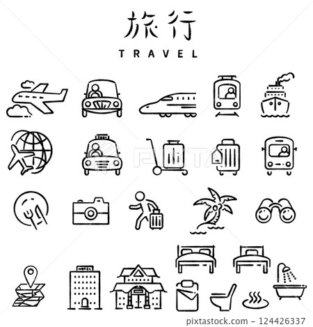 簡單的旅行圖標,採用線條、手繪風格,單調 簡單的旅行圖標,採用線條、手繪風格,單調 124426337