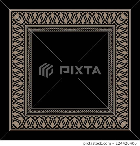 Vector golden square stencil of classic byzantine ornament. Border frame ancient Greece, of Eastern Roman Empire. Russian Orthodox Church decoration. For invitation, porcelain, embroidery, sandblast 124426406