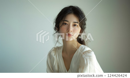 目光平靜、面容雀斑的女子肖像（美容/化妝品圖像：人工智慧生成） 124426424