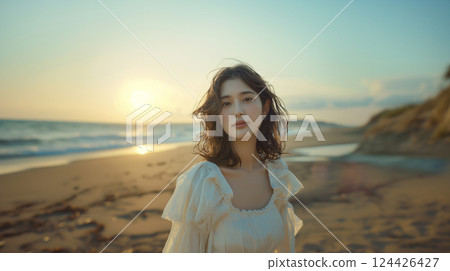 黃昏時分站在海灘上的女子肖像（廣告/化妝品：人工智慧生成） 124426427