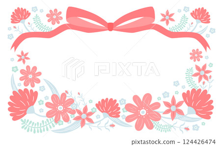 Mother's Day horizontal card or banner template with cute ribbon and flowers: hand-drawn carnation illustration background 124426474