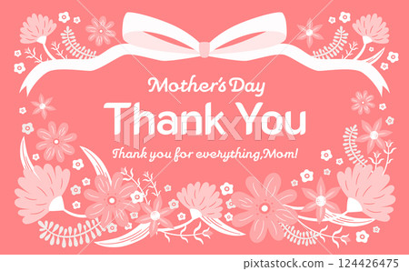 Mother's Day horizontal card or banner template with cute ribbon: frame with hand-drawn carnation illustration Mother's Day horizontal card or banner template with cute ribbon: frame with hand-drawn carnation illustration 124426475