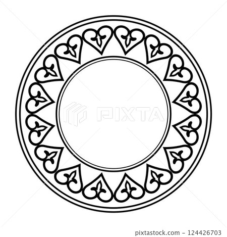 Decorative round frame for design with abstract floral pattern. Circle frame. Circular ornament in ethnic style. Templates for printing postcards, invitations, textiles, engraving, wooden furniture 124426703