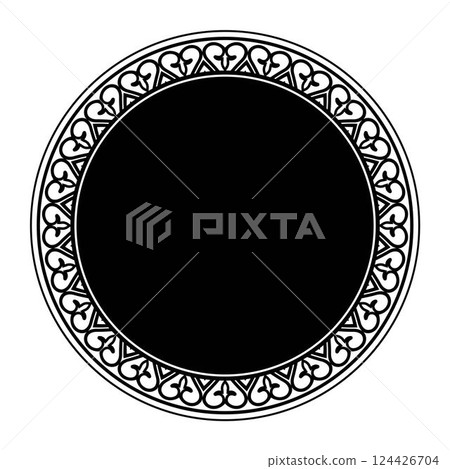 Decorative round frame for design with abstract pattern. Circle frame. Circular ornament in ethnic style. Border frame for ceramic, invitation, porcelain, embroidery, invitations, textiles, engraving Decorative round frame for design with abstract pattern. Circle frame. Circular ornament in ethnic style. Border frame for ceramic, invitation, porcelain, embroidery, invitations, textiles, engraving 124426704