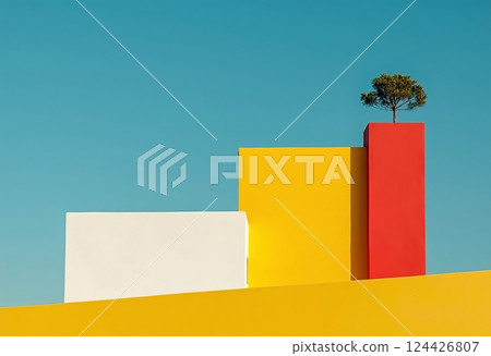 古樸典雅的建築風格：白牆紅頂的房子，屋頂的小樹，蔚藍的天空，客廳的畫，… 124426807