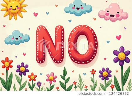 在色彩斑斓的素描世界中表达 “NO”： 使用这个可爱的手绘背景，用微笑的太阳和蓬松的云朵增添俏皮而自 124426822