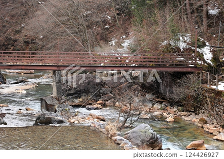 The clear waters of the Shima River that flows through Shima Onsen The clear waters of the Shima River that flows through Shima Onsen 124426927