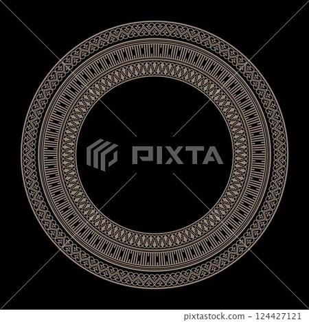 Vector classic byzantine empire gold round ornament. Gold Circle of Ancient Greece, Roman Empire. Byzantine painting of wall, floor, ceiling. Decoration of European palaces. Round decorative frame.  124427121