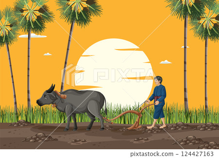 Traditional Farming Scene with Farmer and Ox Traditional Farming Scene with Farmer and Ox 124427163