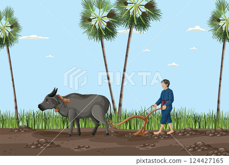 Traditional Farming Scene with Farmer and Water Buffalo Traditional Farming Scene with Farmer and Water Buffalo 124427165