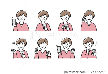 Illustration set of senior women operating smartphones Illustration set of senior women operating smartphones 124427243