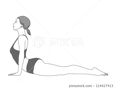 一位日本女性做瑜珈上犬式的插圖，全身，側身，側面，單色 124427413