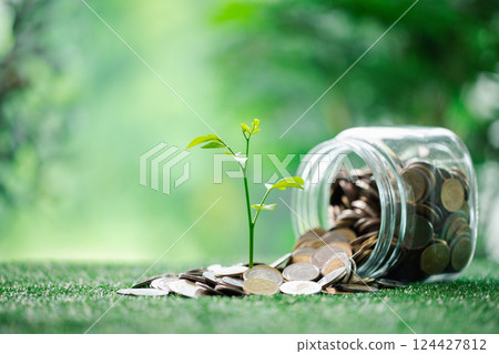 Concept of green finance flourishing businesses invest money and coins into sustainable ventures, nurturing growth of nature-friendly projects and ensuring prosperous future. green finance growth. 124427812