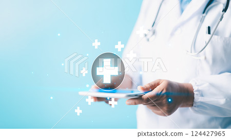 Business concept of health insurance involves investment in hospital services and effective management of medicine, ensuring better quality of life. insurance, health, service, business, hospital. 124427965