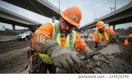 construction worker in safety gear pours and smooths wet concrete at highway construction site 124428346