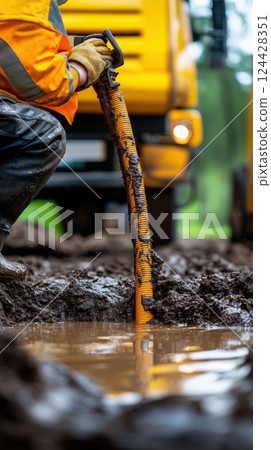 worker connects suction hose to sewage tanker truck in muddy environment worker connects suction hose to sewage tanker truck in muddy environment 124428351