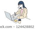 在筆記型電腦上工作的女性 — 遠距工作、辦公室工作插圖 124428802