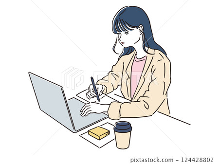 Woman working on a laptop - remote work, office work illustration 124428802