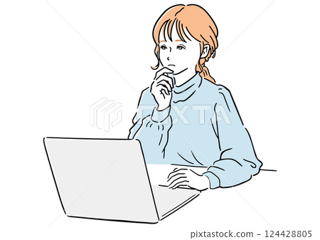 一個女人一邊看著筆記型電腦一邊思考 — — 想法、思考、解決問題的例證 124428805