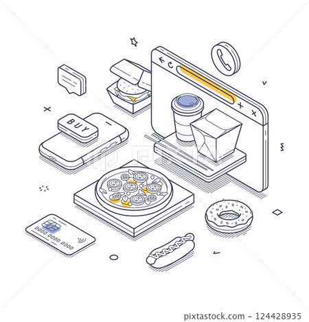 Isometric line art illustration featuring a food order process including pizza, donuts, and drinks 124428935