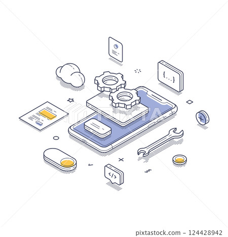 Isometric line art illustration depicting app development and design elements on a mobile device 124428942
