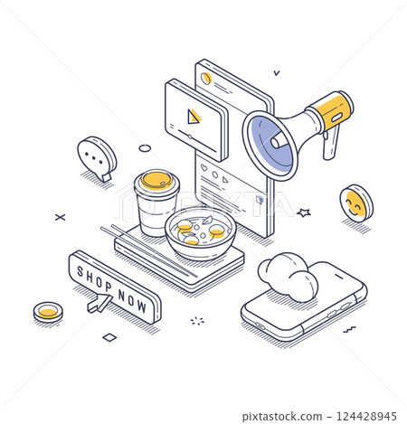 Engaging isometric line art for online business promotion and digital marketing strategies 124428945