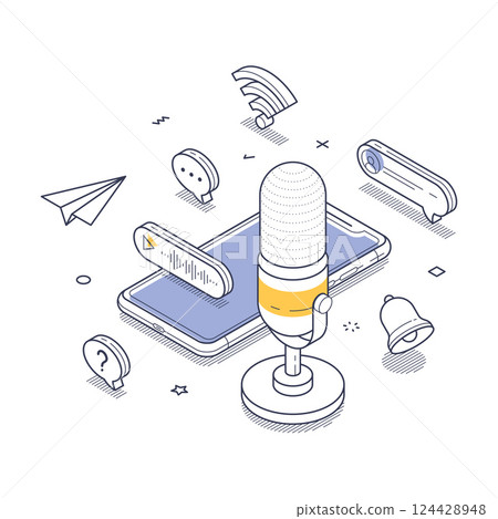 Isometric line art illustration of an online podcast setup with modern communication elements 124428948