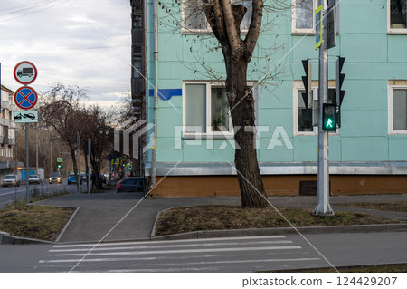 Pedestrian crossing signs on a traffic light stand at an intersection. 124429207