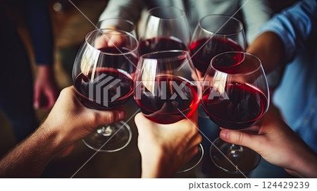 Celebration. A group of friends with glasses of red wine celebrating a birthday or other important event. Party with expensive wine from French grape varieties. Hands close-up. 124429239