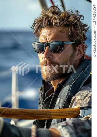 Bearded brutal handsome yacht owner in sunglasses on vessel deck looking forward in open ocean horizon while deep sea tuna fishing. Intense captain scanning the blue abyss. 124429354