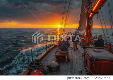 A yacht sails on the open sea at sunset. Close-up view of the deck, mast and sails. Clear sky after rain, spectacular glowing clouds, golden sunlight, calm waves and splashes of water. Epic sunset. 124429355