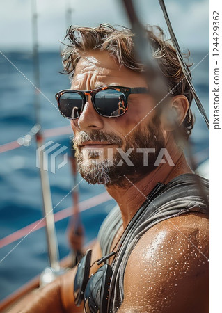 Bearded brutal handsome yacht owner in sunglasses on vessel deck looking forward in open ocean horizon while deep sea tuna fishing. Adventurous skipper living life on his terms. 124429362