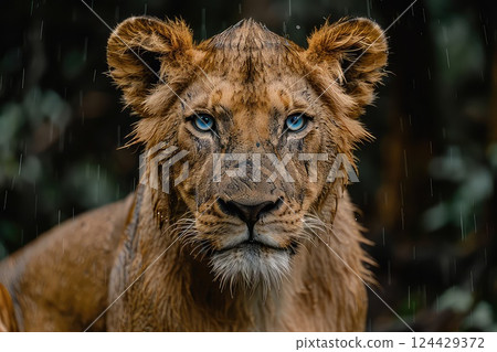 Close-up photo of a blue eyed lioness. This blue-eyed lioness, framed by the golden grass, reflects the untamed spirit of the savanna in her gaze. Close-up photo of a blue eyed lioness. This blue-eyed lioness, framed by the golden grass, reflects the untamed spirit of the savanna in her gaze. 124429372