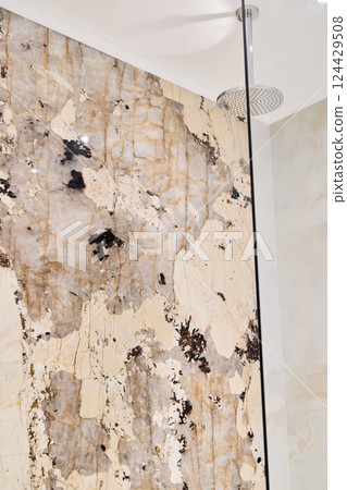 Experience the beauty of an Elegant Marble Shower Wall featuring a Modern Design aesthetic Experience the beauty of an Elegant Marble Shower Wall featuring a Modern Design aesthetic 124429508