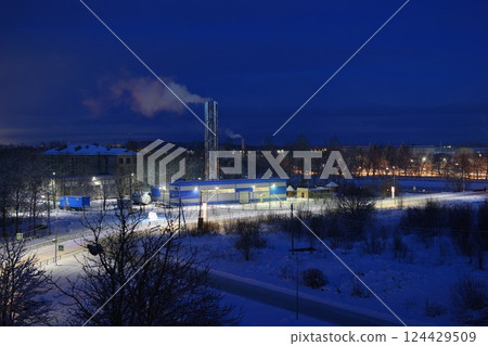 A mesmerizing Winter Industrial Landscape portrayed at Night featuring Smoke Emission effects A mesmerizing Winter Industrial Landscape portrayed at Night featuring Smoke Emission effects 124429509